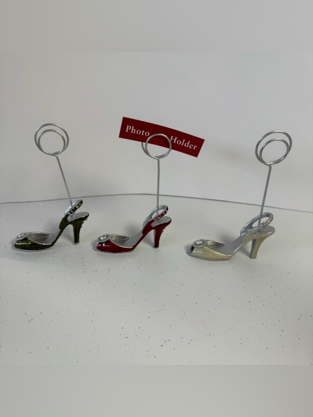 St. Nicholas Square Metallic High Heel Photo Holders - Gold, Red, Silver